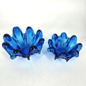 Hand Blown Art Glass Bowls Lot 2 Cobalt Blue Ruffled Edge Candy Nut Dish